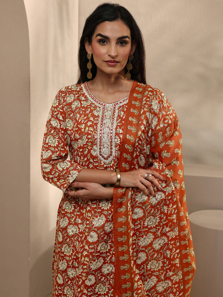 Orange Abstract Printed Cotton Blend Straight Suit Set With Dupatta
