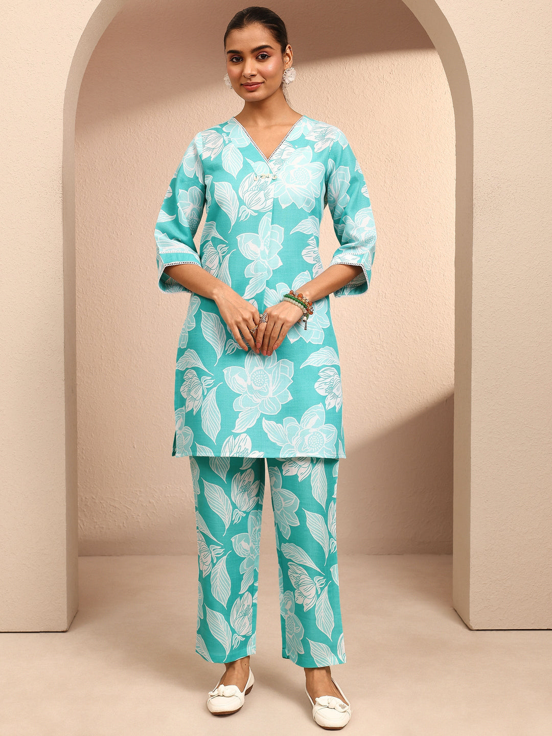 Blue Printed Cotton Blend Co-Ord Set