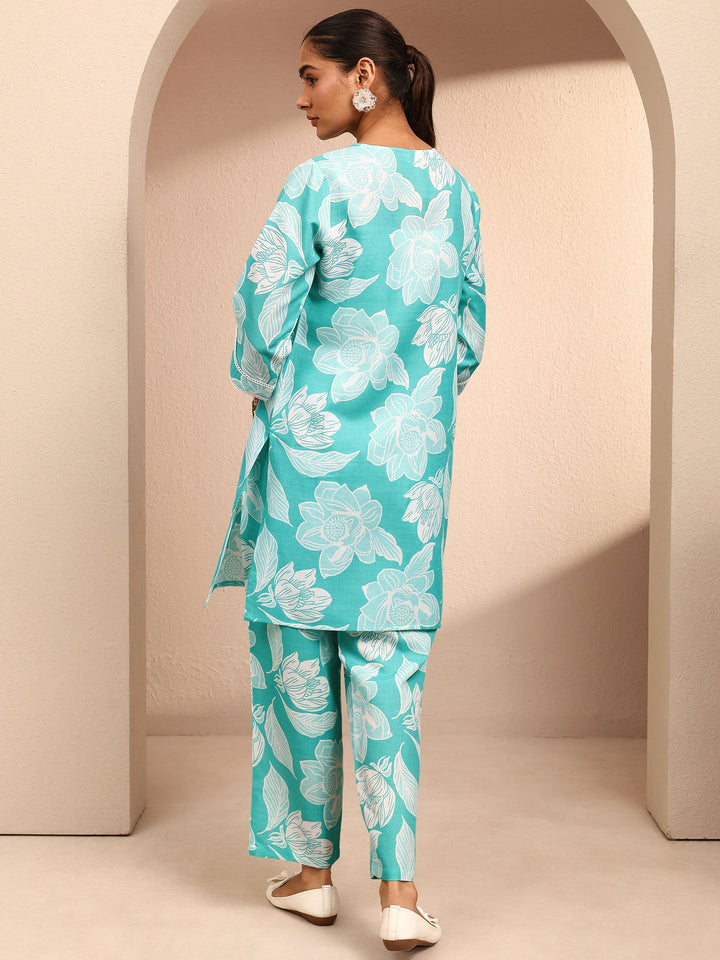 Blue Printed Cotton Blend Co-Ord Set