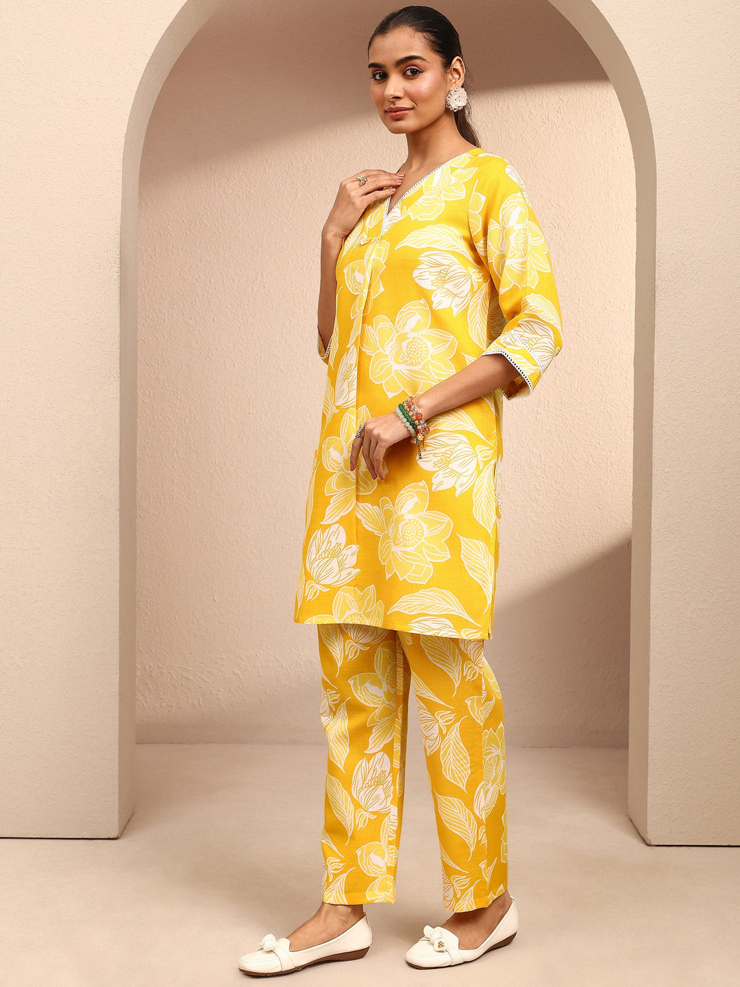Yellow Printed Cotton Blend Co-Ord Set
