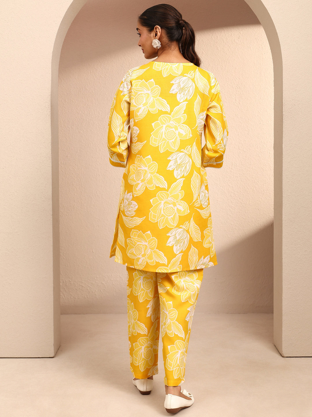 Yellow Printed Cotton Blend Co-Ord Set