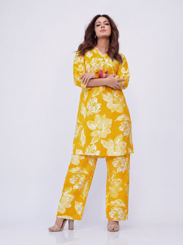 Gerua Yellow Printed Cotton Blend Co-Ord Set