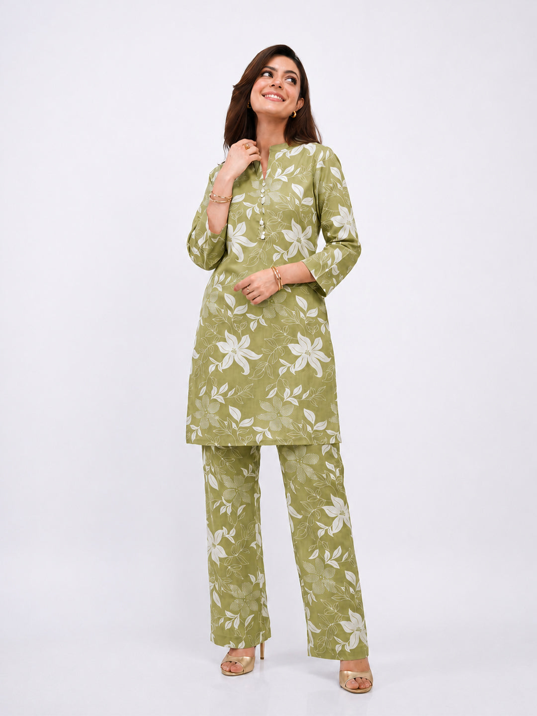 Green Printed Cotton Blend Co-Ord Set