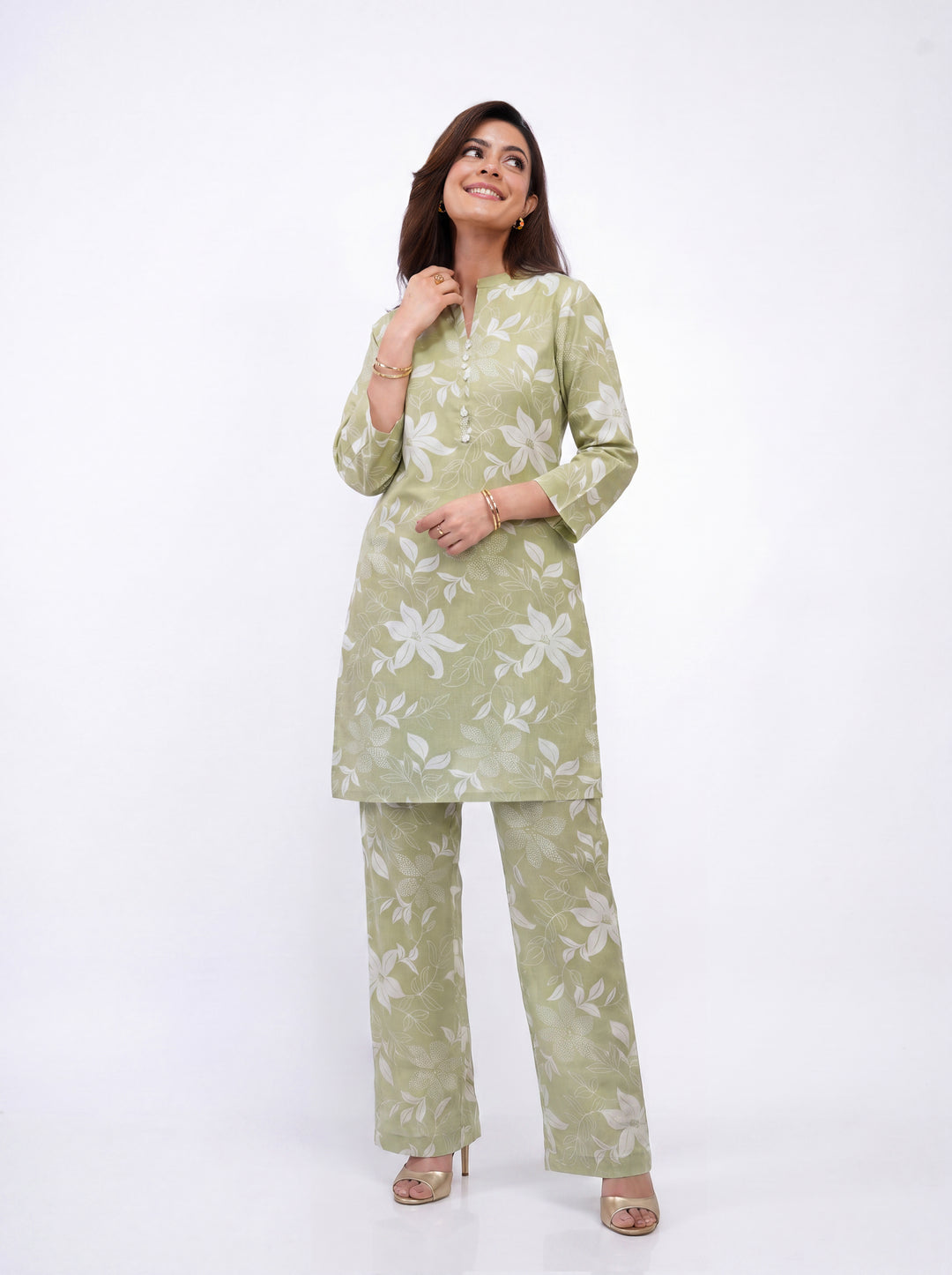 Green Printed Cotton Blend Co-Ord Set