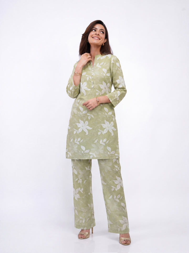 Green Printed Cotton Blend Co-Ord Set