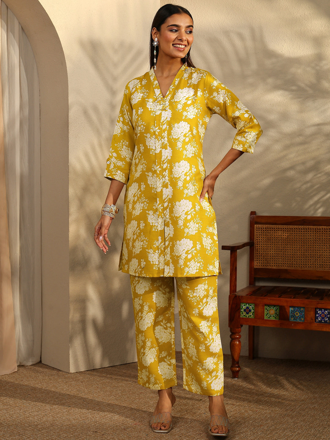 Mustard Printed Cotton Blend Co-Ord Set