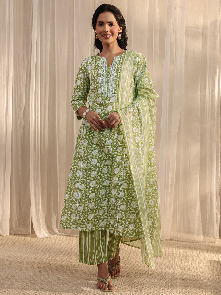 Green Floral Printed Cotton A-Line Suit Set With Dupatta
