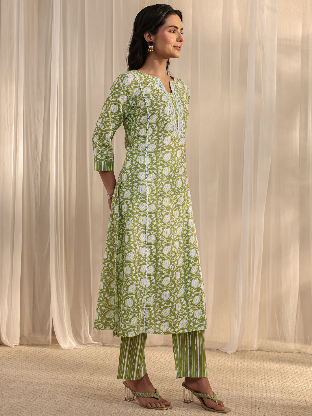 Green Floral Printed Cotton A-Line Suit Set With Dupatta