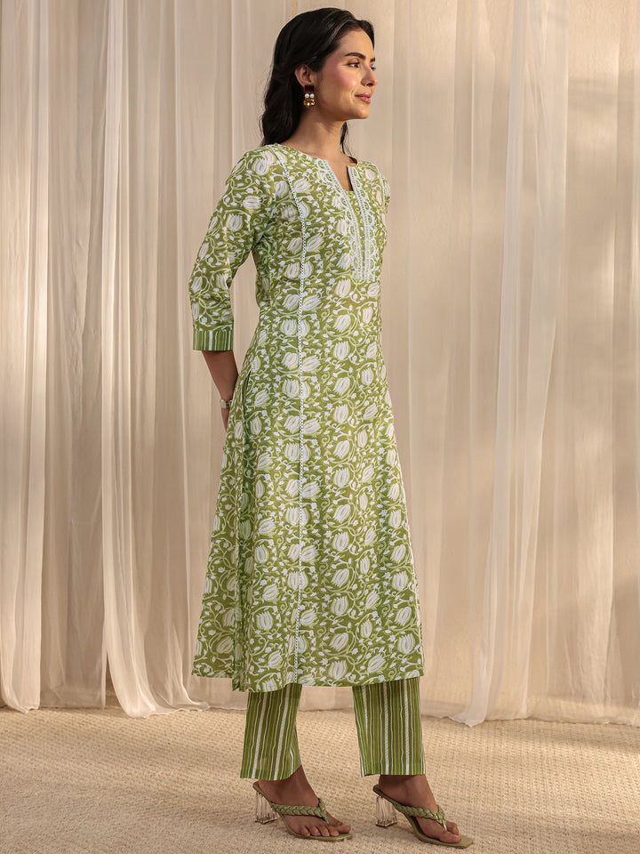 Green Floral Printed Cotton A-Line Suit Set With Dupatta