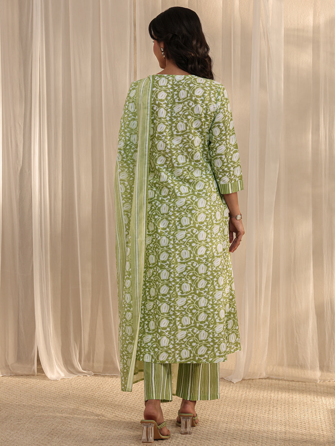 Green Floral Printed Cotton A-Line Suit Set With Dupatta