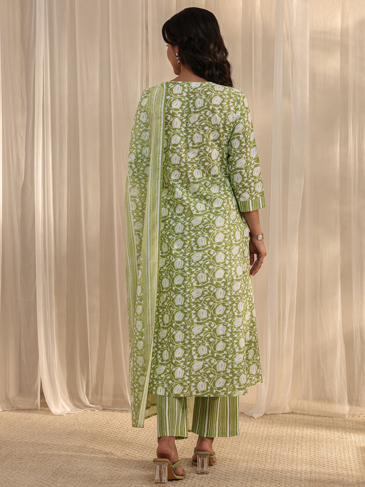 Green Floral Printed Cotton A-Line Suit Set With Dupatta