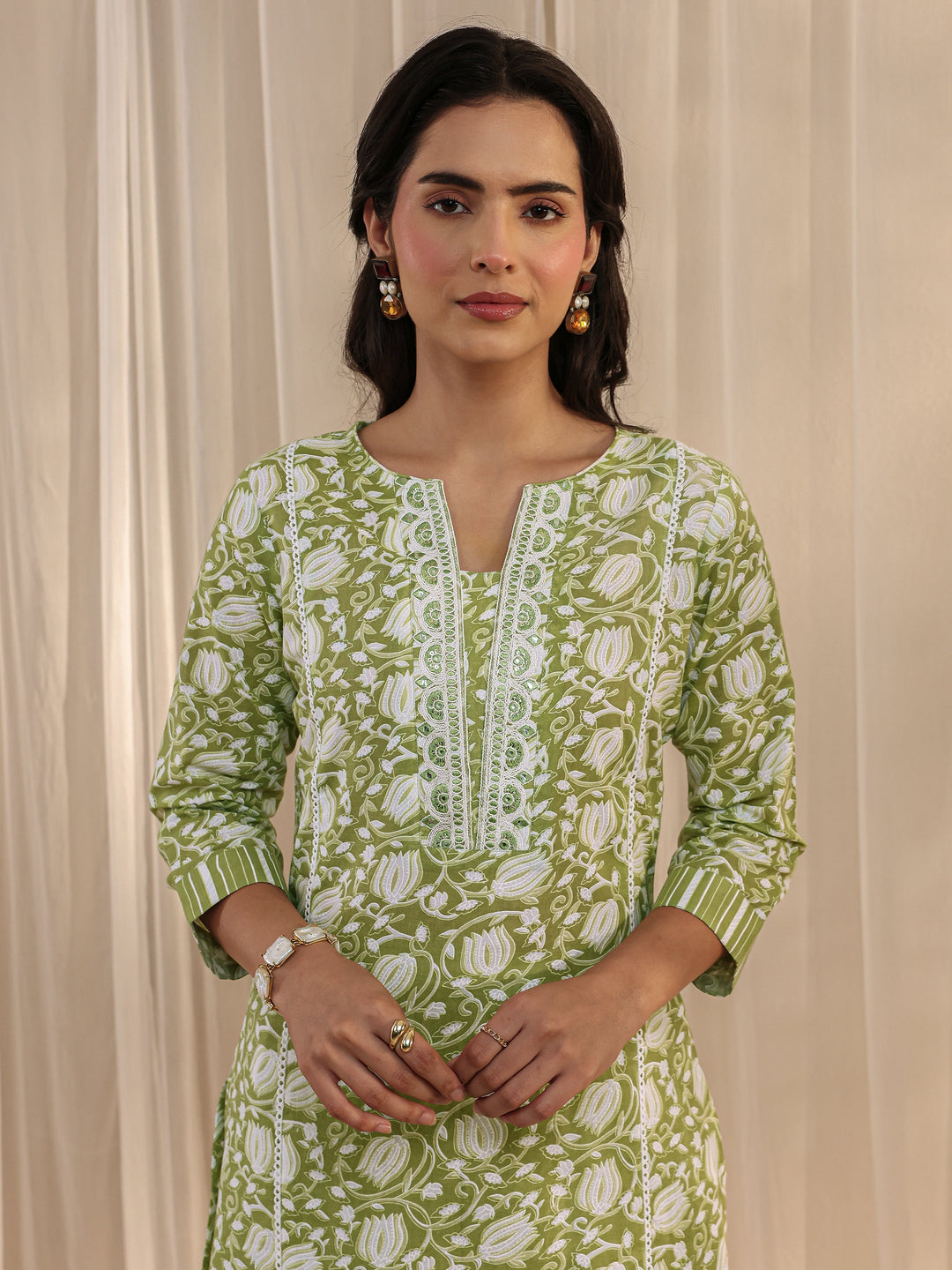 Green Floral Printed Cotton A-Line Suit Set With Dupatta