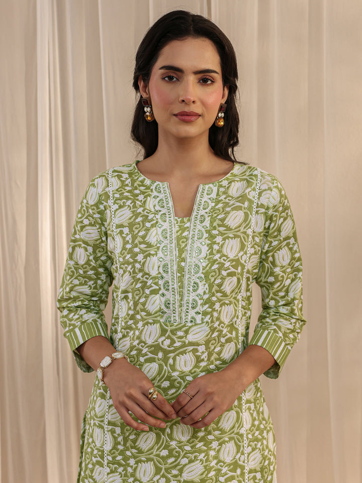 Green Floral Printed Cotton A-Line Suit Set With Dupatta