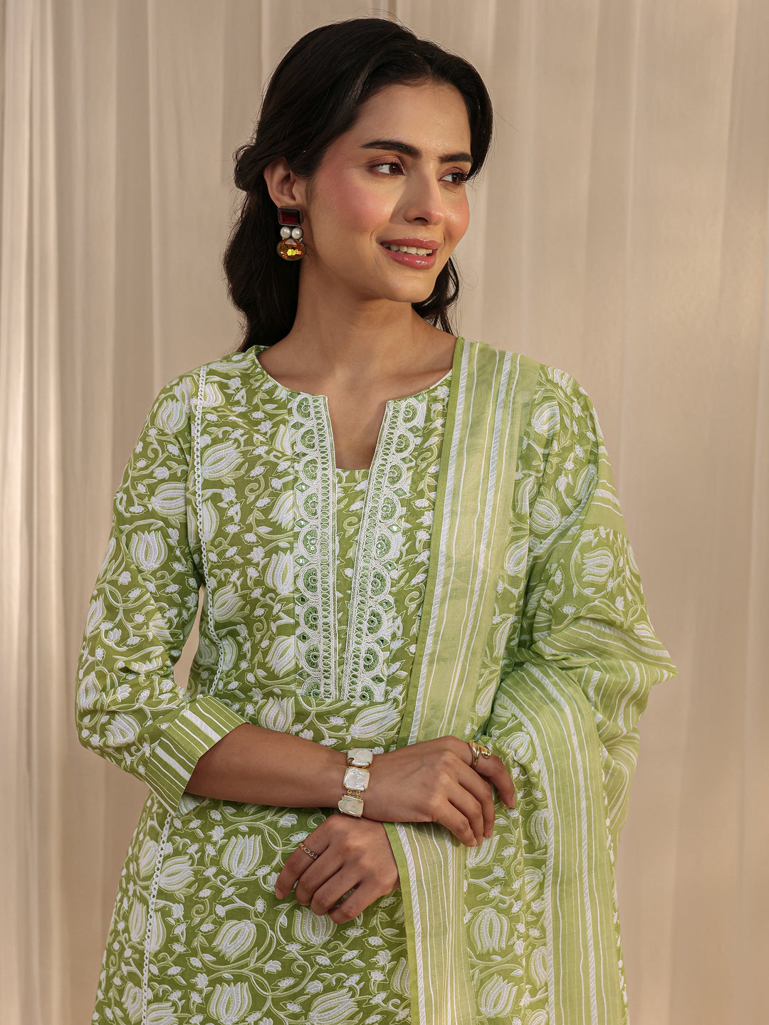 Green Floral Printed Cotton A-Line Suit Set With Dupatta
