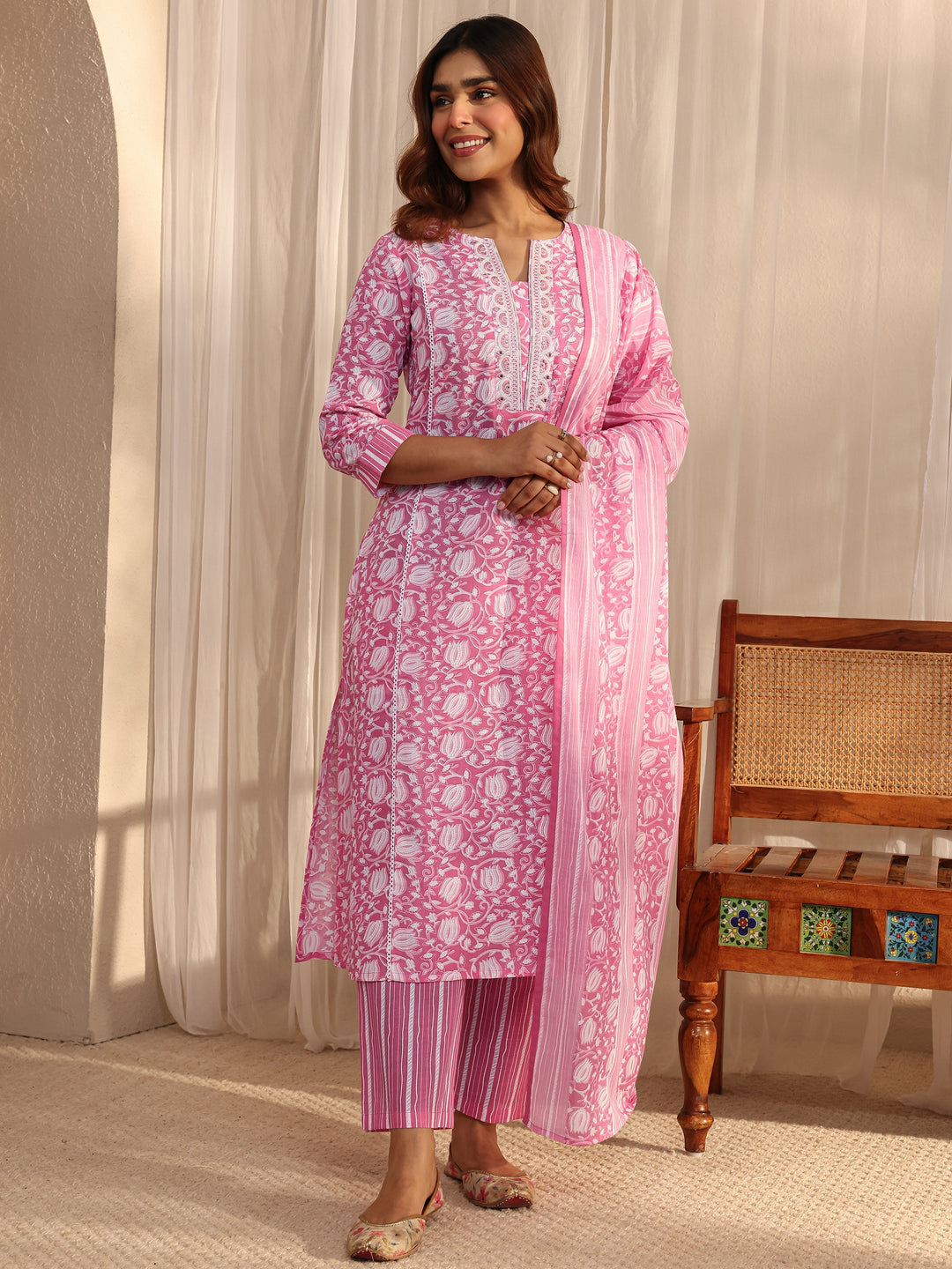 Pink Floral Printed Cotton A-Line Suit Set With Dupatta