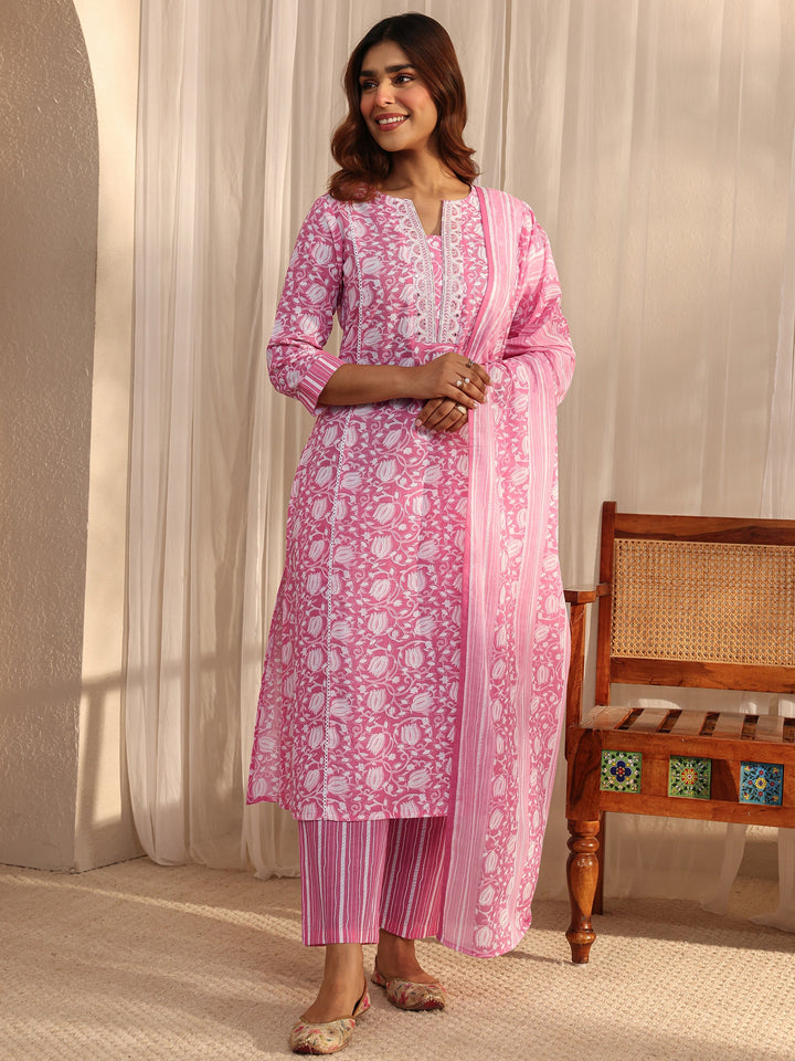 Pink Floral Printed Cotton A-Line Suit Set With Dupatta