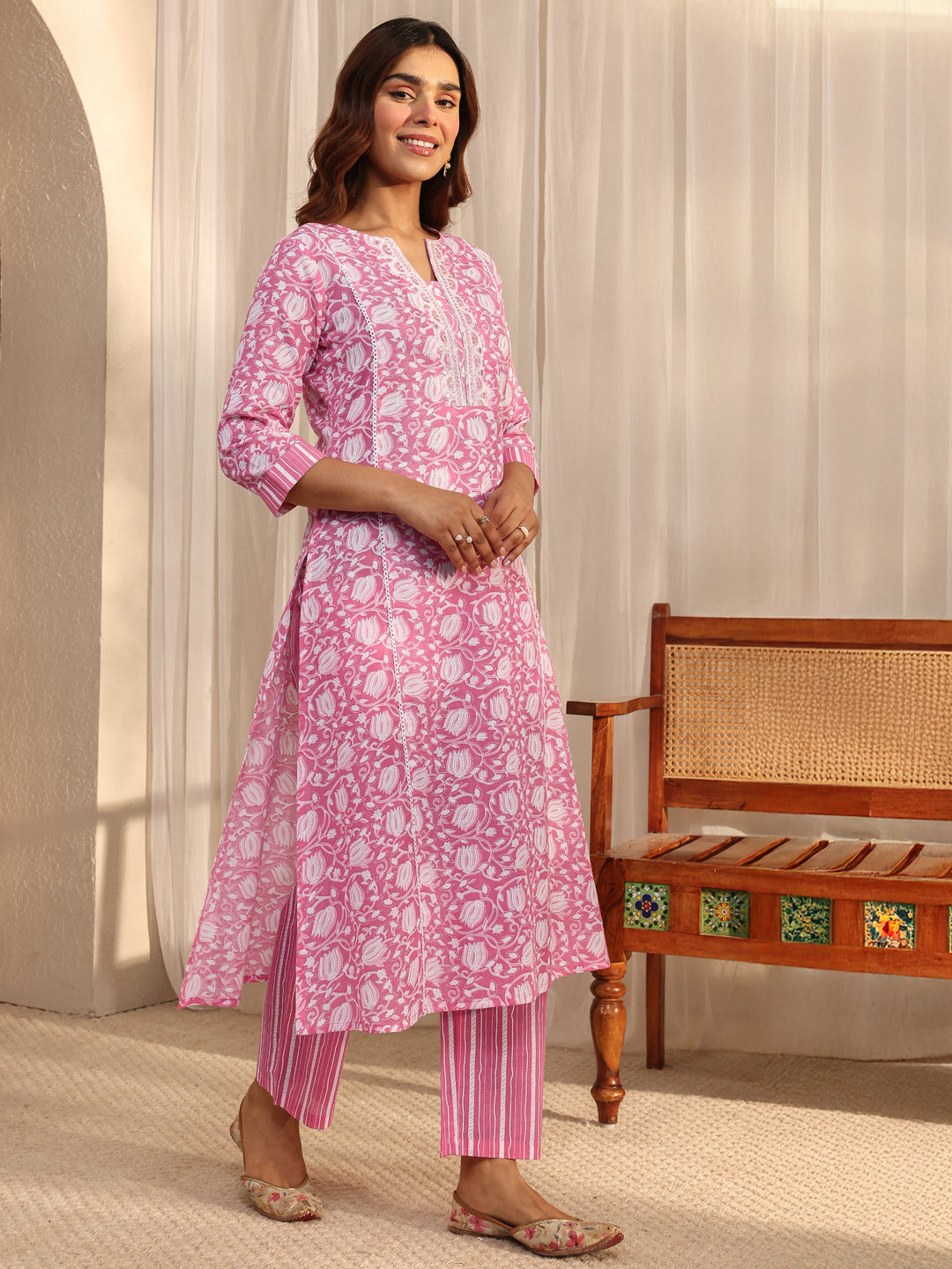 Pink Floral Printed Cotton A-Line Suit Set With Dupatta