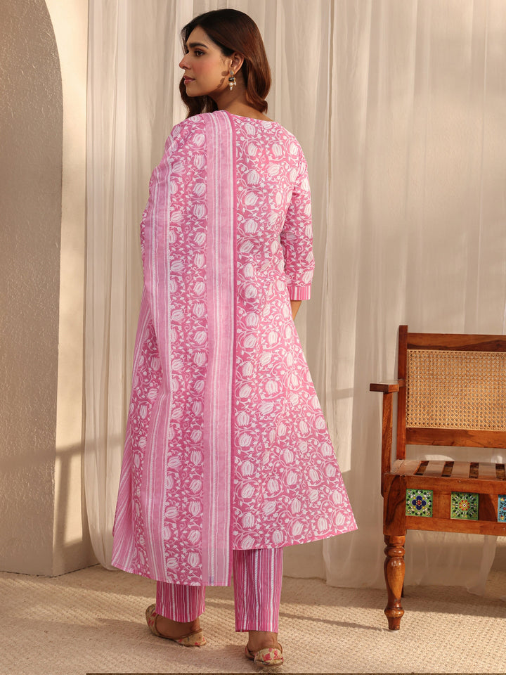 Pink Floral Printed Cotton A-Line Suit Set With Dupatta