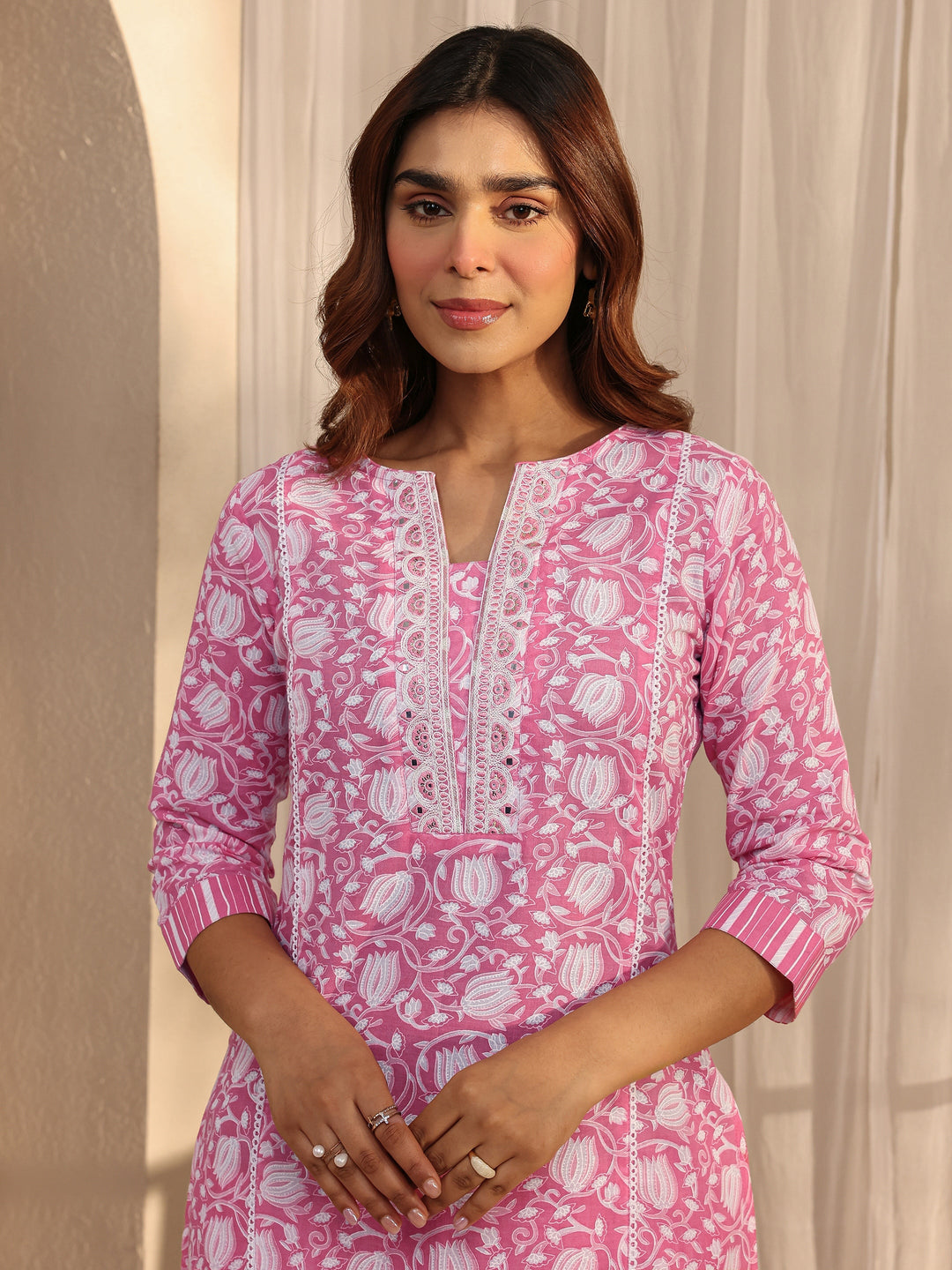 Pink Floral Printed Cotton A-Line Suit Set With Dupatta
