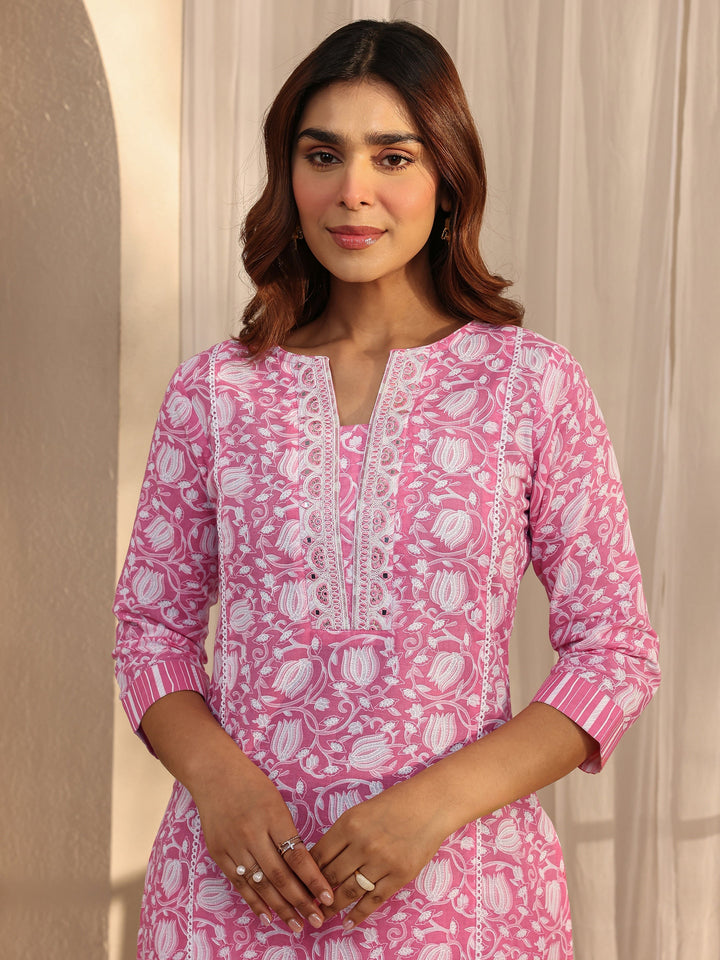 Pink Floral Printed Cotton A-Line Suit Set With Dupatta
