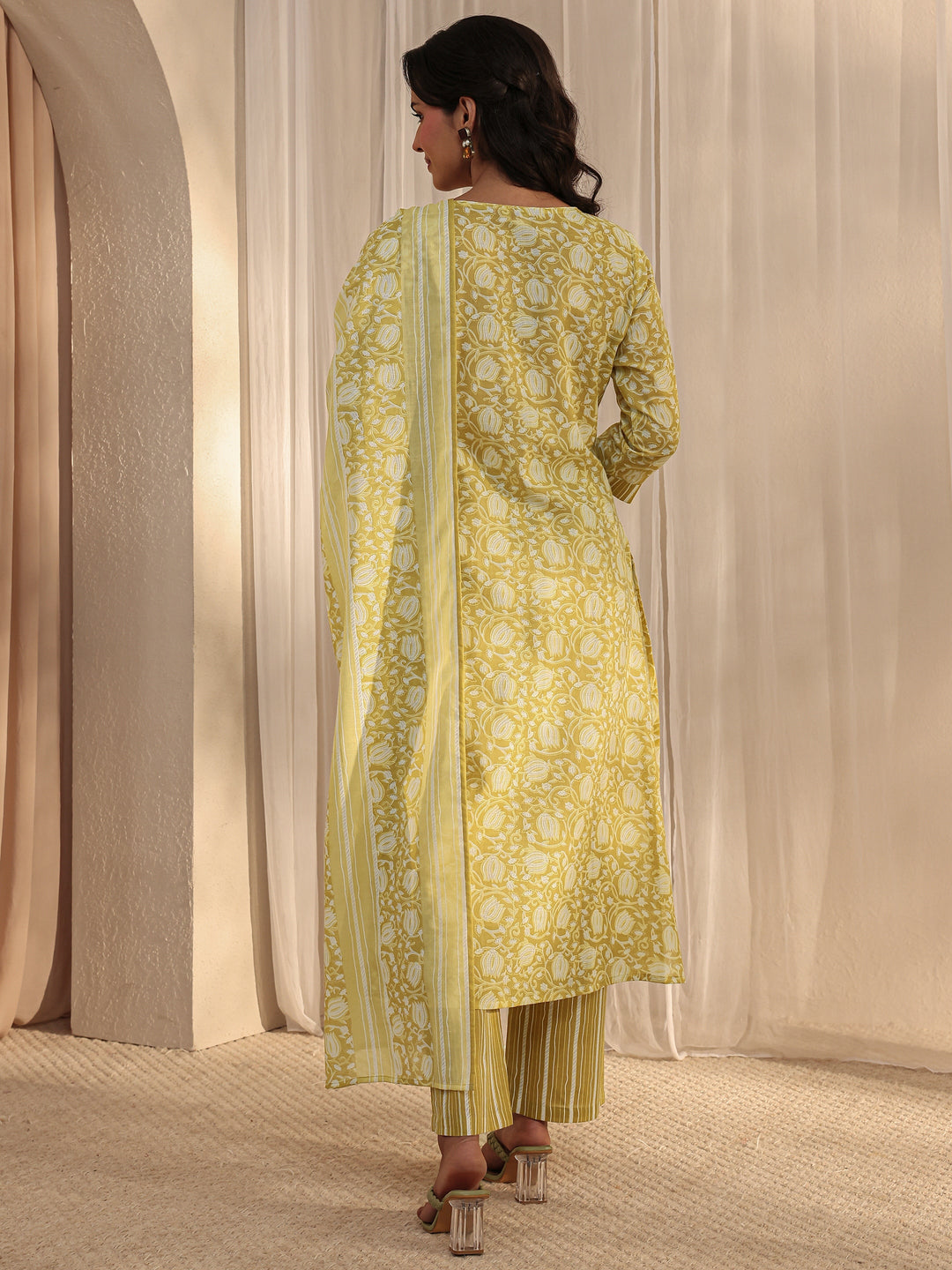 Lime Green Floral Printed Cotton A-Line Suit Set With Dupatta