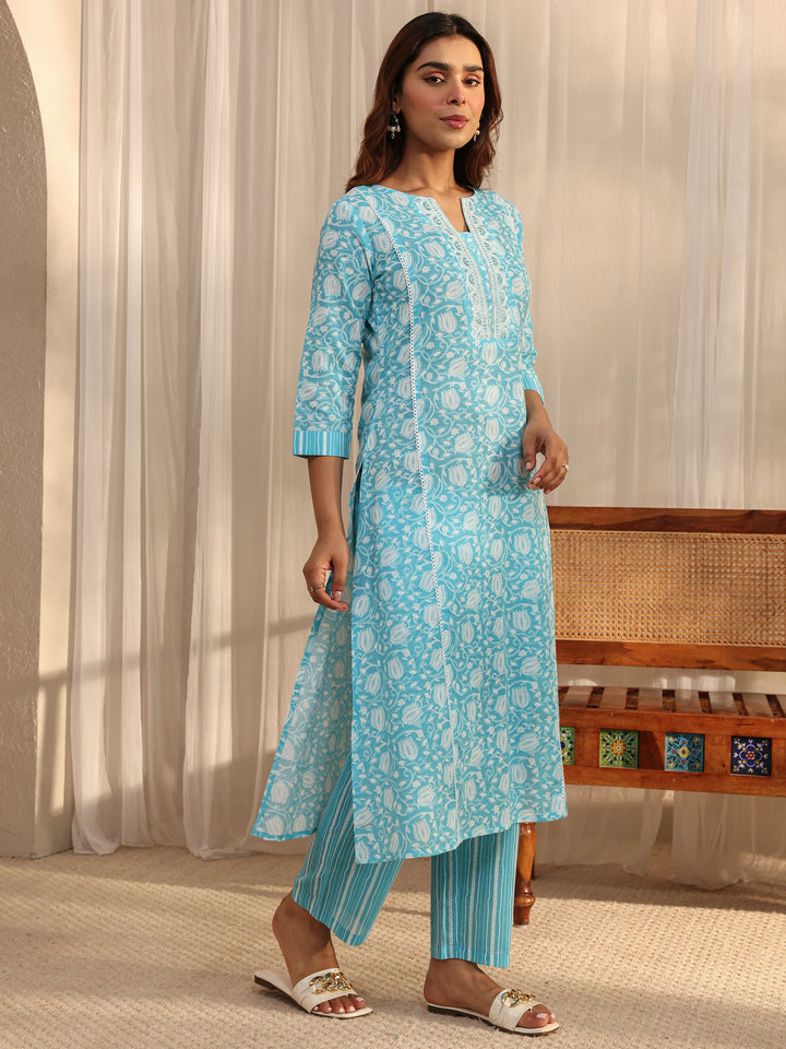 Blue Floral Printed Cotton A-Line Suit Set With Dupatta