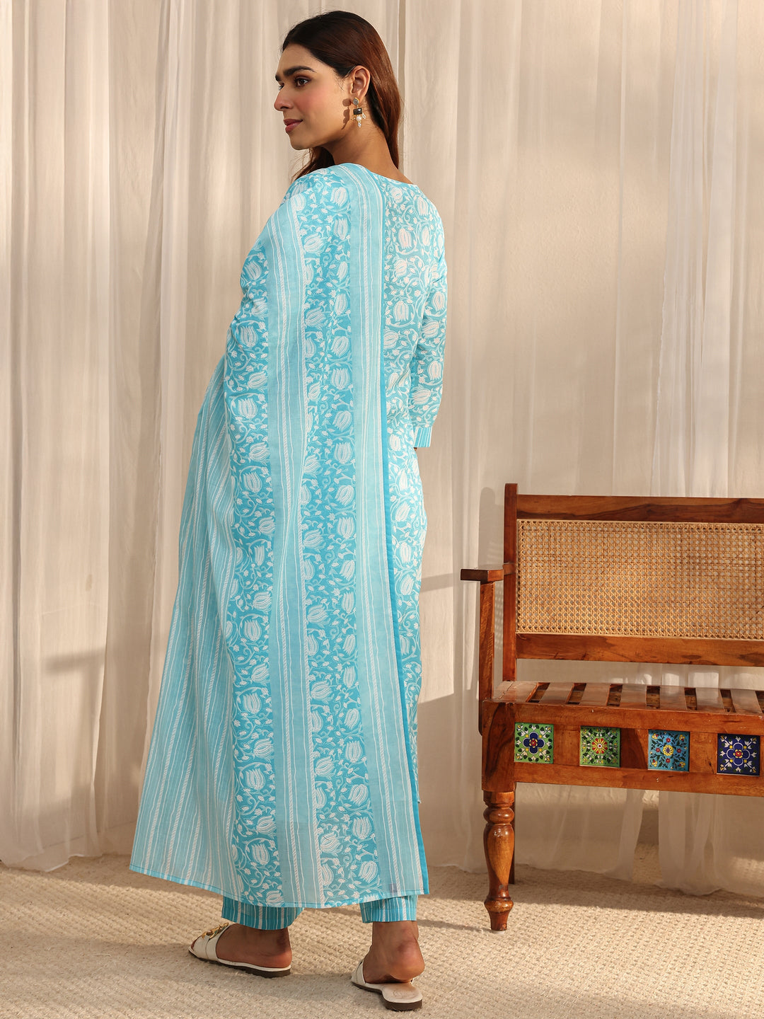 Blue Floral Printed Cotton A-Line Suit Set With Dupatta