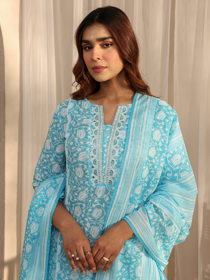 Blue Floral Printed Cotton A-Line Suit Set With Dupatta
