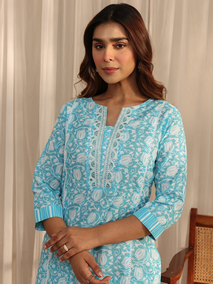 Blue Floral Printed Cotton A-Line Suit Set With Dupatta