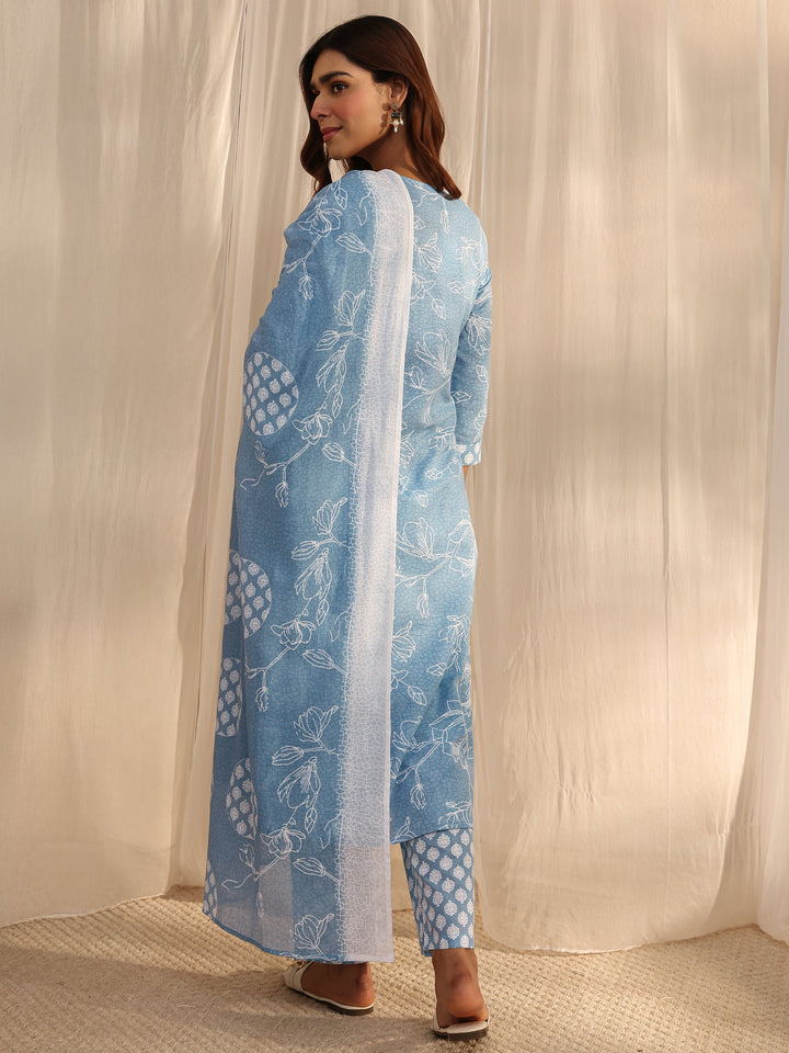 Blue Floral Printed Cotton Straight Suit Set With Dupatta