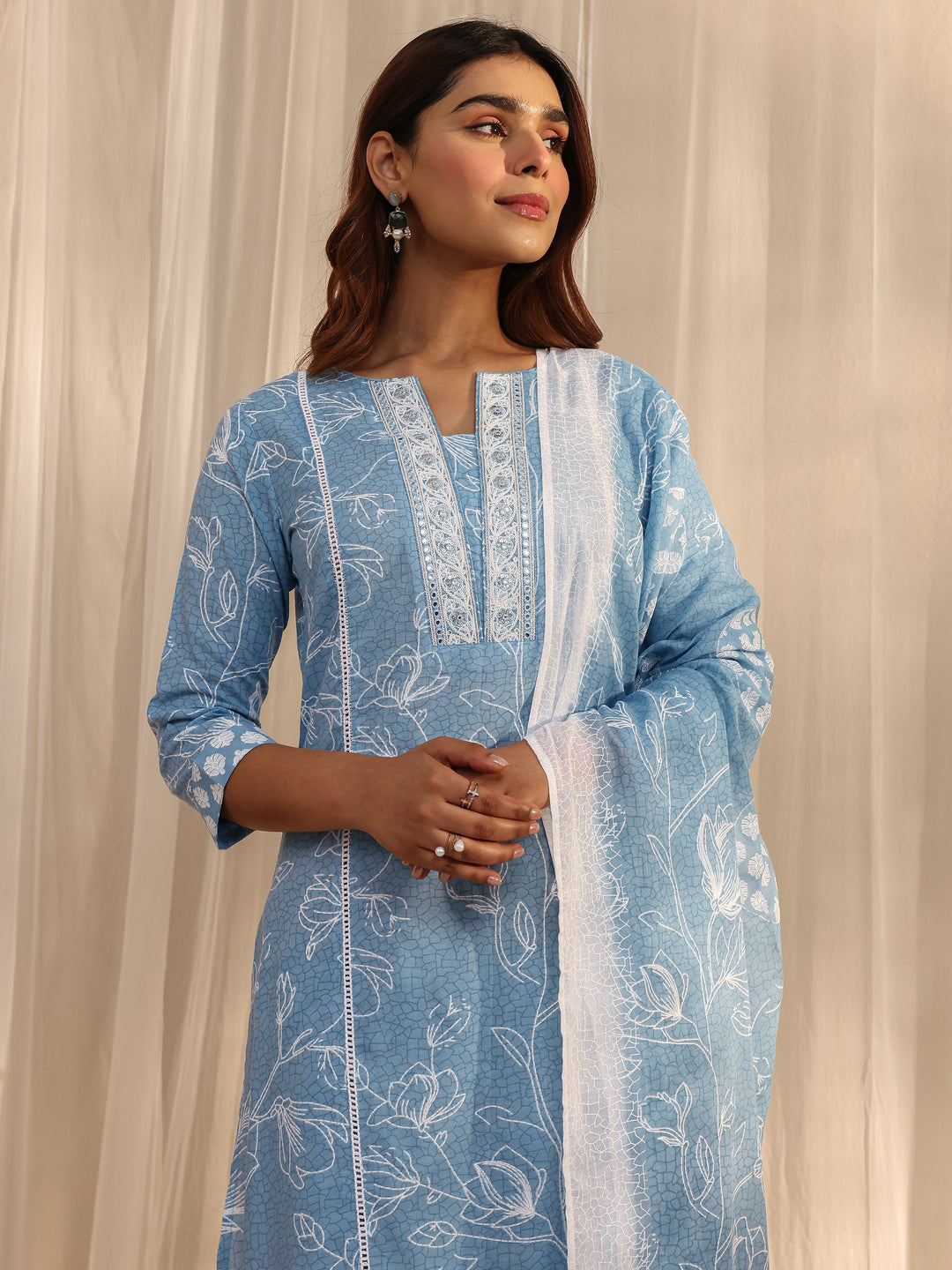 Blue Floral Printed Cotton Straight Suit Set With Dupatta
