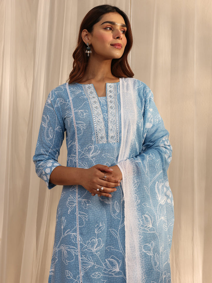 Blue Floral Printed Cotton Straight Suit Set With Dupatta