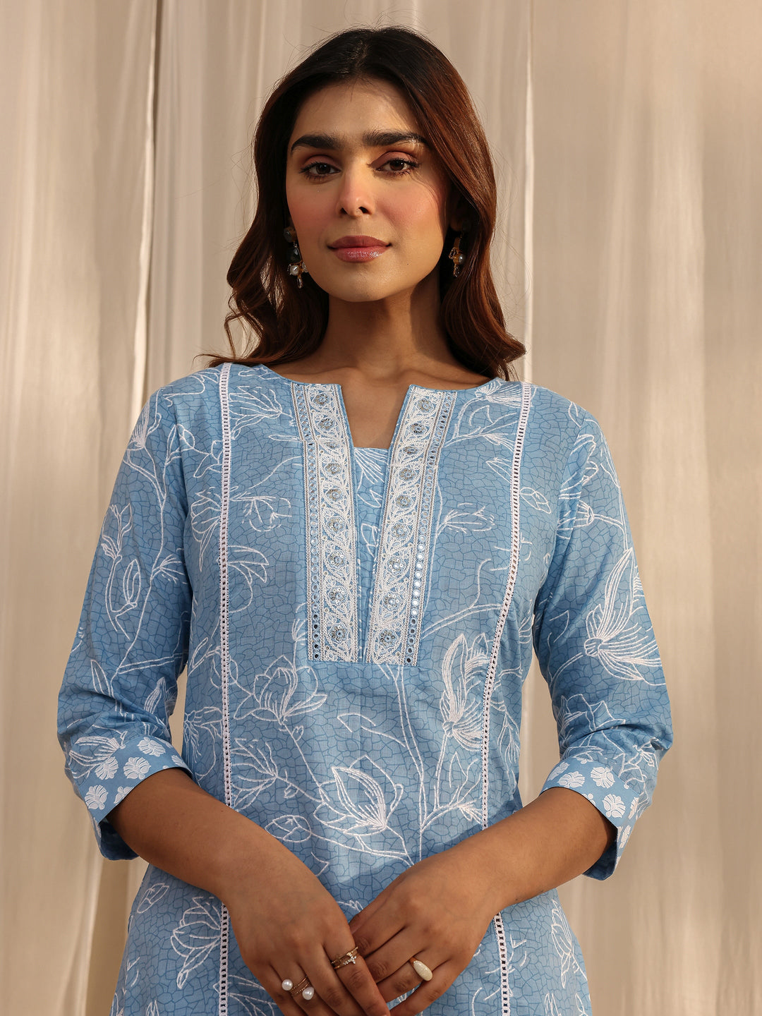 Blue Floral Printed Cotton Straight Suit Set With Dupatta