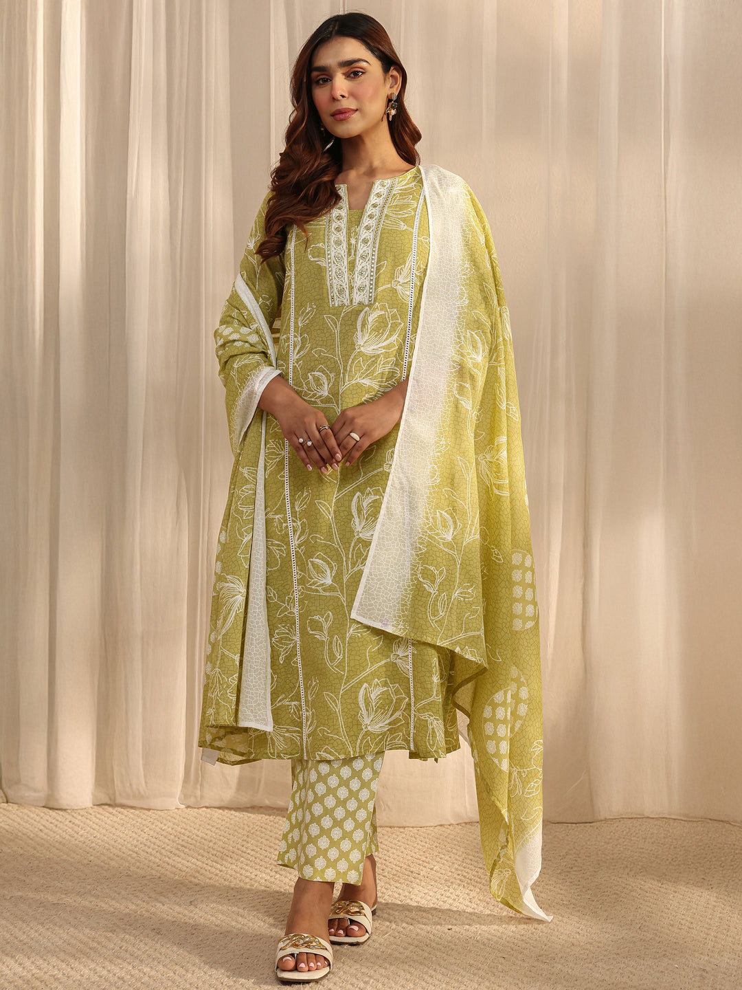 Lime Green Floral Printed Cotton Straight Suit Set With Dupatta