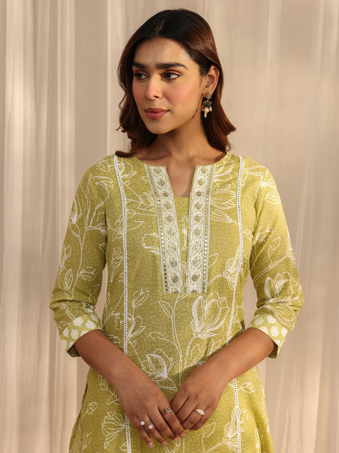 Lime Green Floral Printed Cotton Straight Suit Set With Dupatta