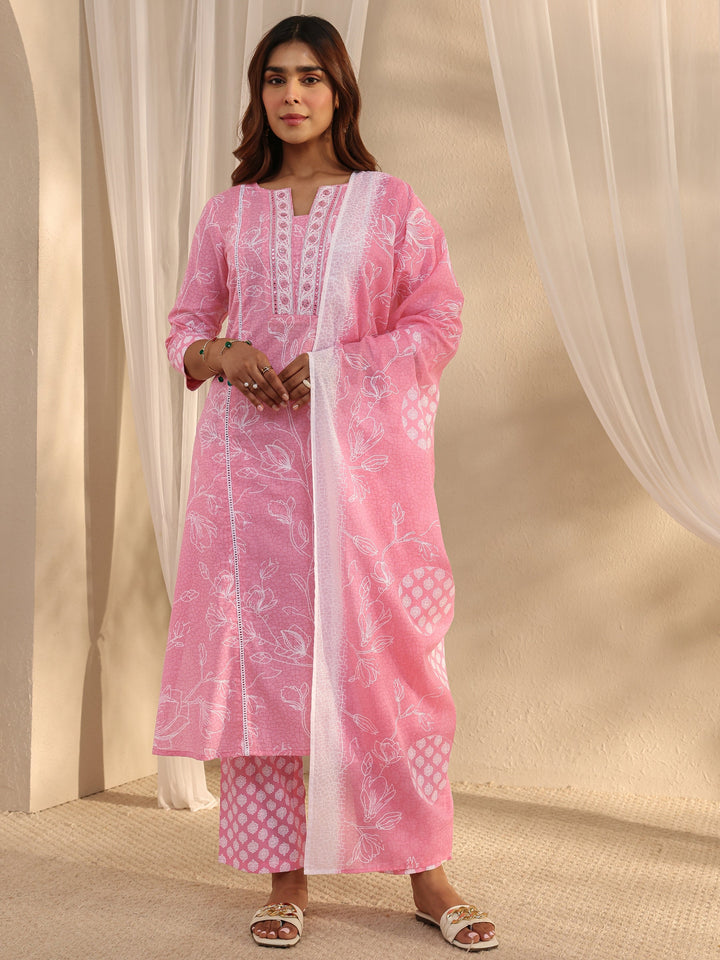 Pink Floral Printed Cotton Straight Suit Set With Dupatta
