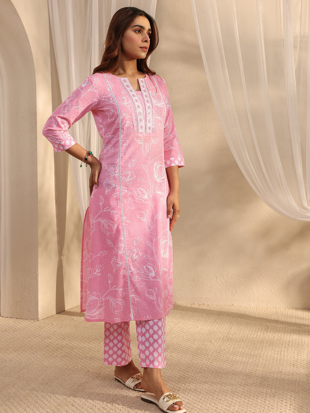 Pink Floral Printed Cotton Straight Suit Set With Dupatta
