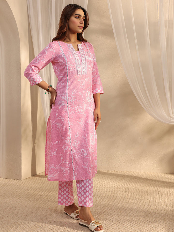 Pink Floral Printed Cotton Straight Suit Set With Dupatta