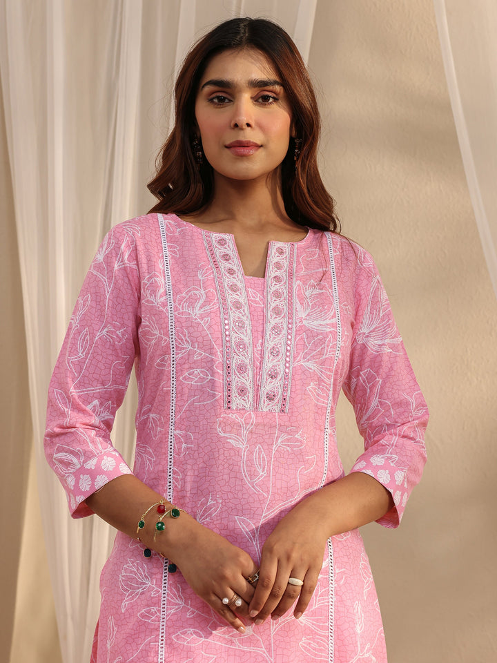 Pink Floral Printed Cotton Straight Suit Set With Dupatta