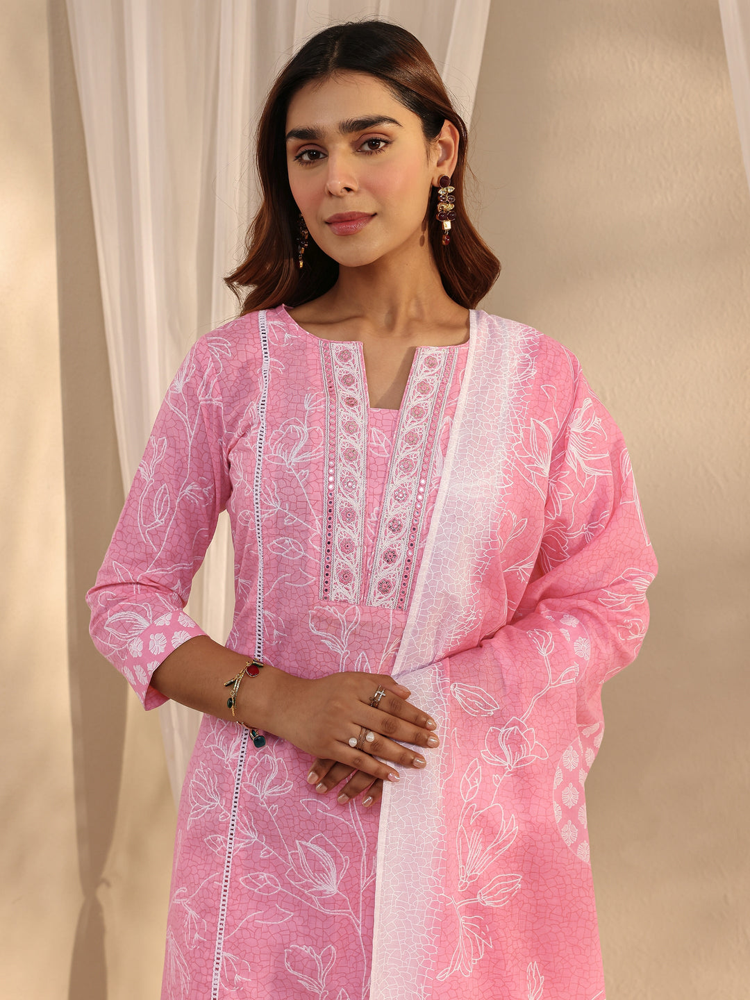 Pink Floral Printed Cotton Straight Suit Set With Dupatta