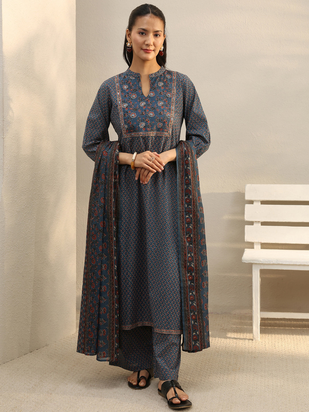 Indigo Floral Printed Cotton Straight Suit Set