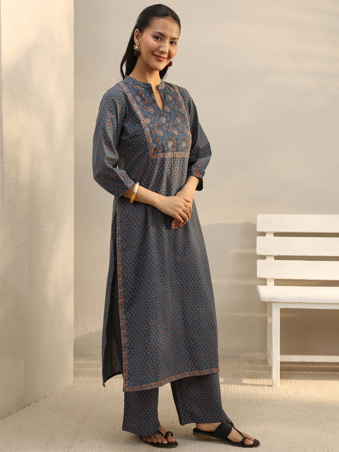 Indigo Floral Printed Cotton Straight Suit Set