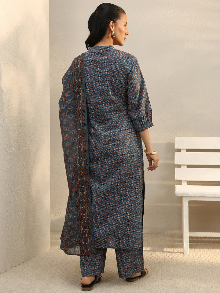 Indigo Floral Printed Cotton Straight Suit Set