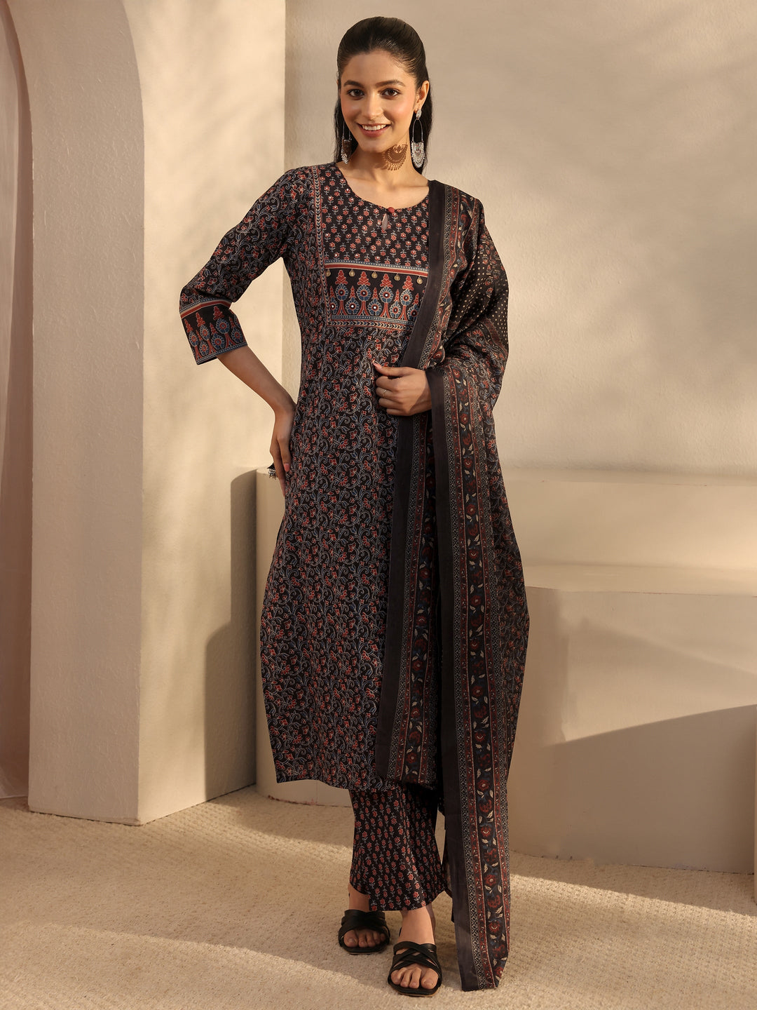 Black Floral Printed Cotton Straight Suits Set With Dupatta