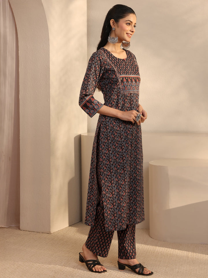 Black Floral Printed Cotton Straight Suits Set With Dupatta