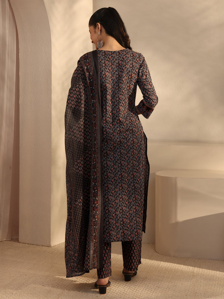 Black Floral Printed Cotton Straight Suits Set With Dupatta