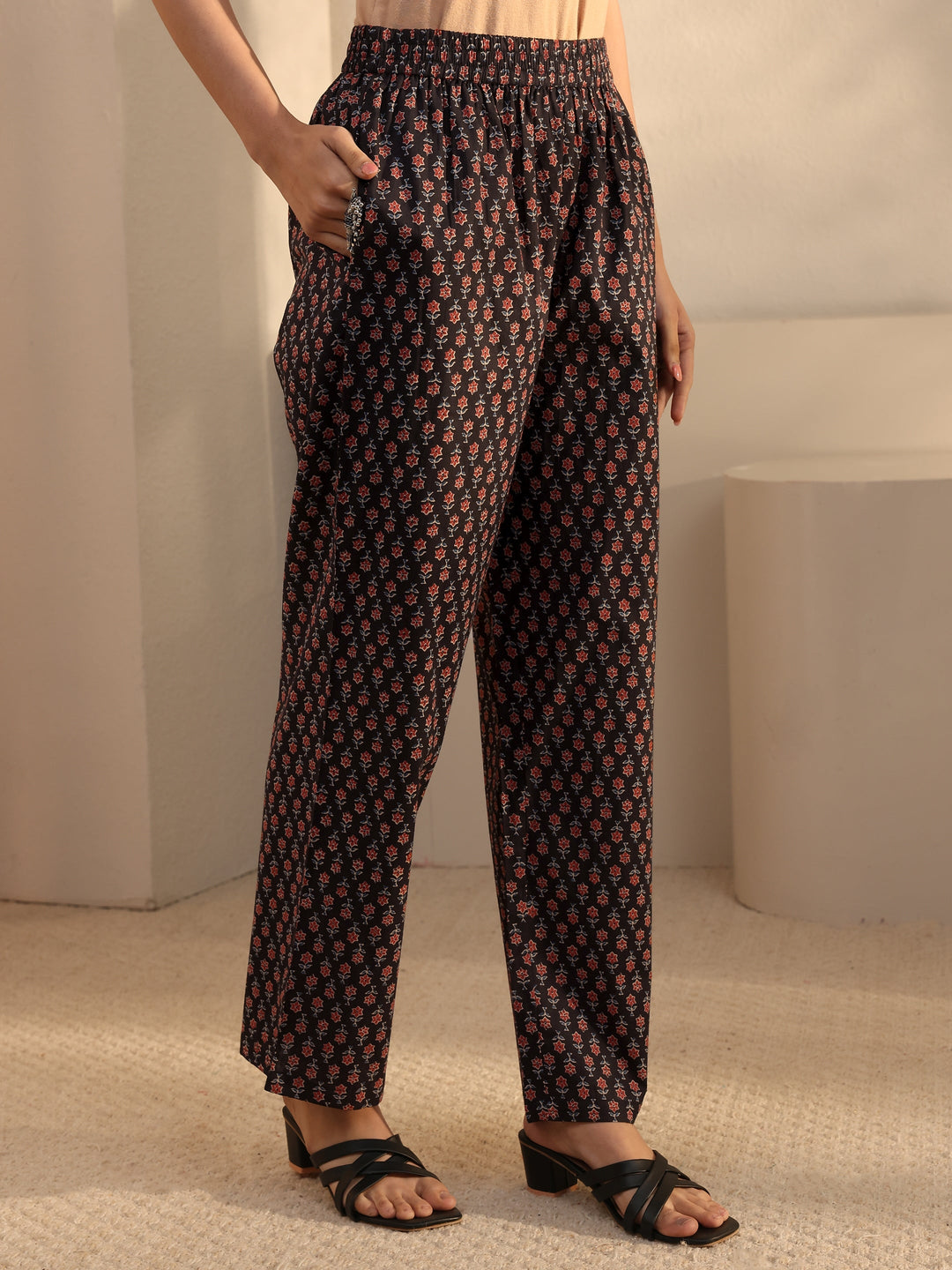 Black Floral Printed Cotton Straight Suits Set With Dupatta