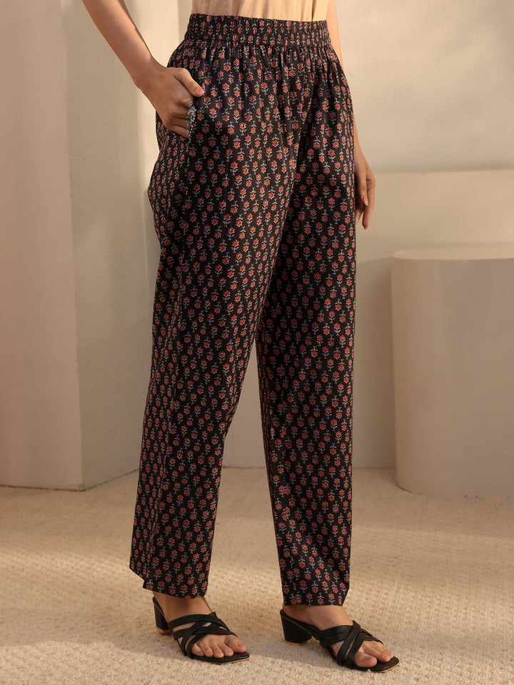 Black Floral Printed Cotton Straight Suits Set With Dupatta