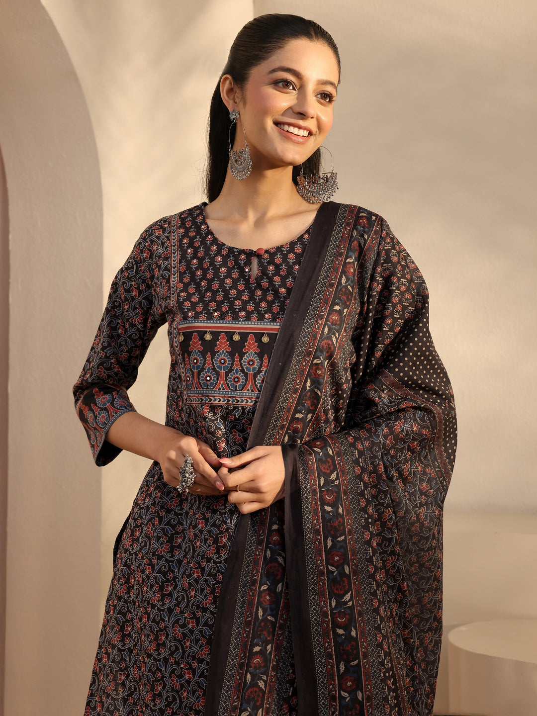 Black Floral Printed Cotton Straight Suits Set With Dupatta
