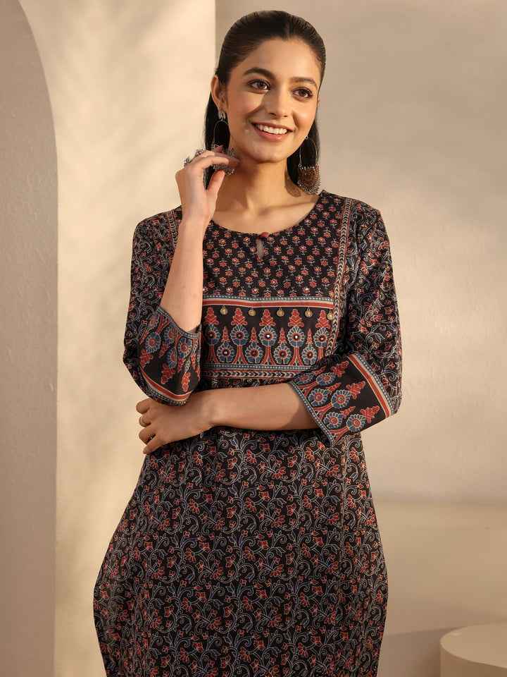 Black Floral Printed Cotton Straight Suits Set With Dupatta
